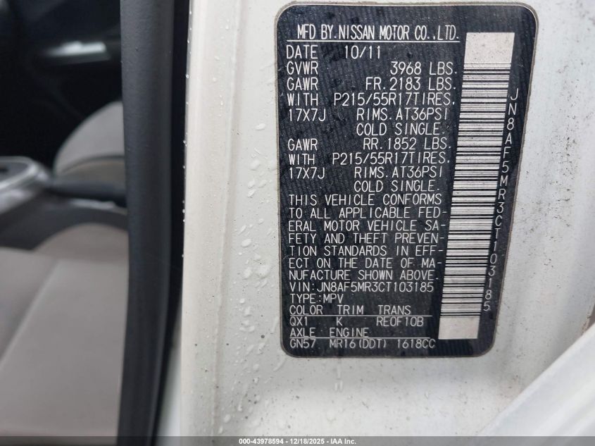 2012 Nissan Juke Sv VIN: JN8AF5MR3CT103185 Lot: 43978594