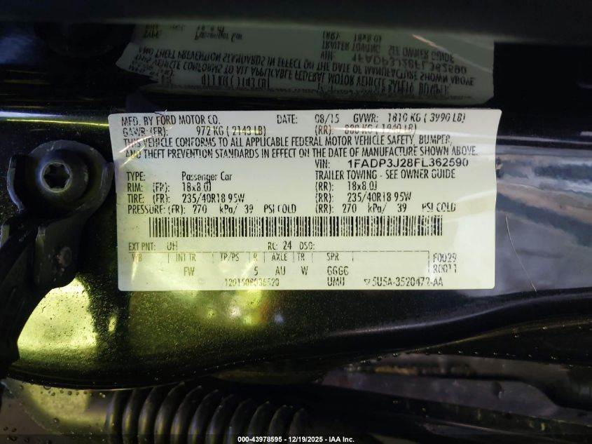 2015 Ford Focus Titanium VIN: 1FADP3J28FL362590 Lot: 43978595