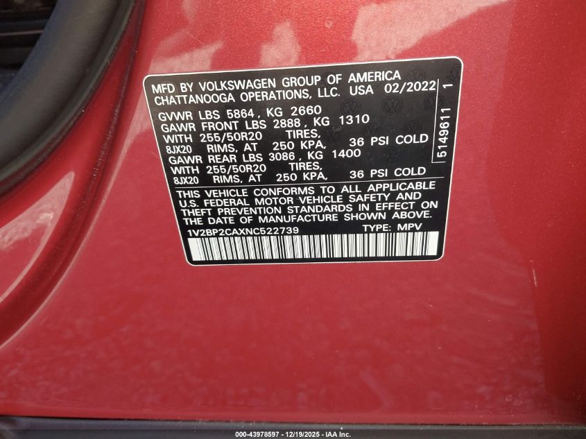 2022 Volkswagen Atlas 2.0T Sel VIN: 1V2BP2CAXNC522739 Lot: 43978597