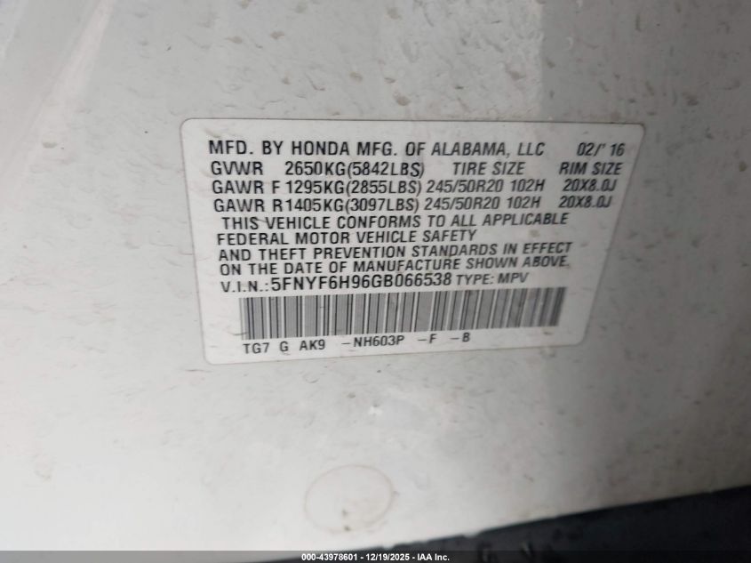 2016 Honda Pilot Touring VIN: 5FNYF6H96GB066538 Lot: 43978601