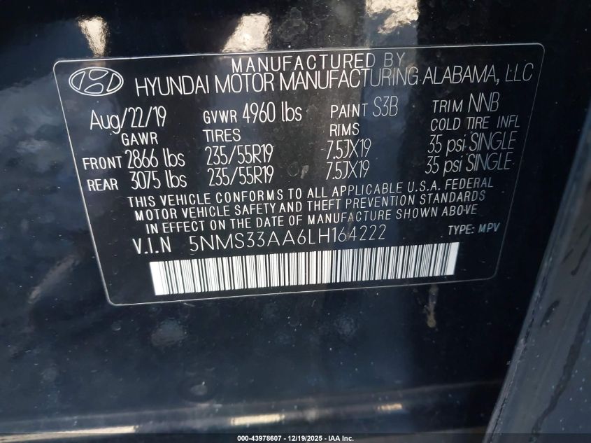 2020 Hyundai Santa Fe Sel 2.0T VIN: 5NMS33AA6LH164222 Lot: 43978607