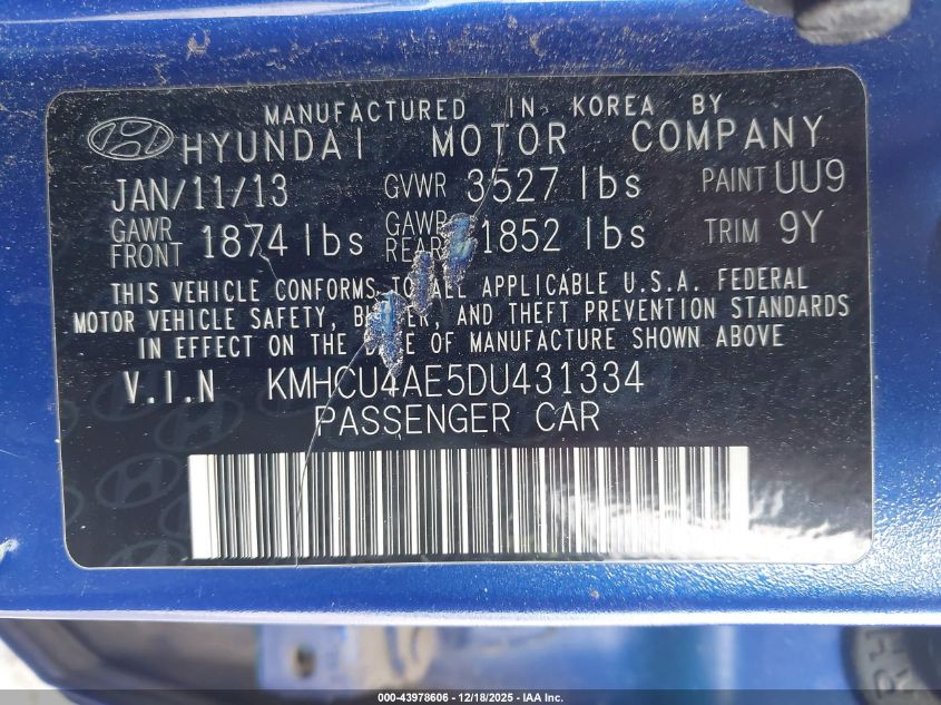 2013 Hyundai Accent Gls VIN: KMHCU4AE5DU431334 Lot: 43978606