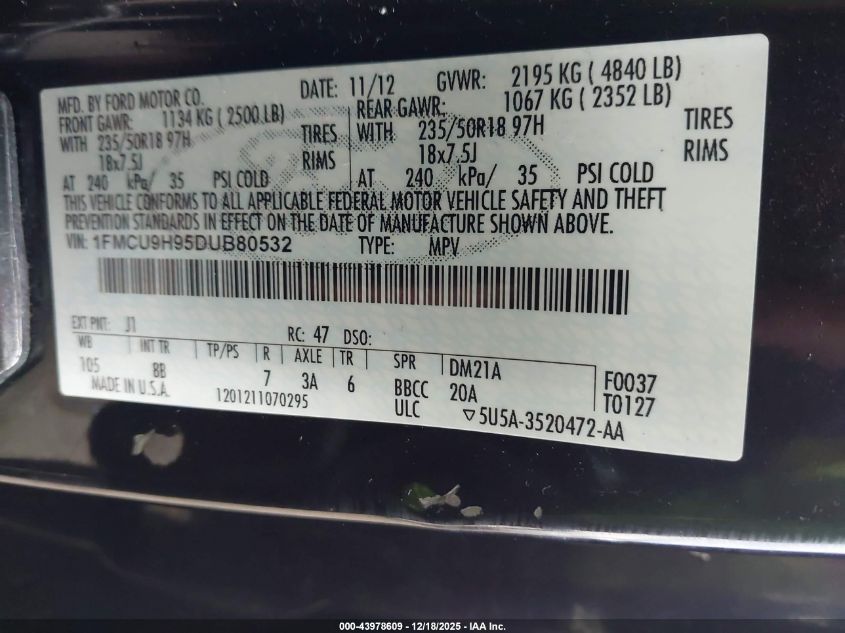 2013 Ford Escape Sel VIN: 1FMCU9H95DUB80532 Lot: 43978609