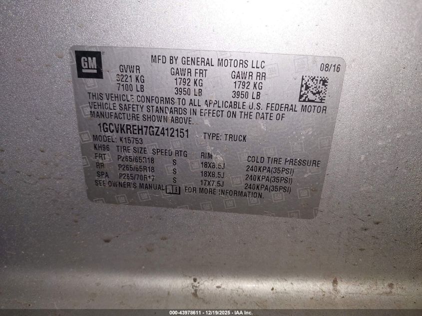 2016 Chevrolet Silverado 1500 2Lt VIN: 1GCVKREH7GZ412151 Lot: 43978611