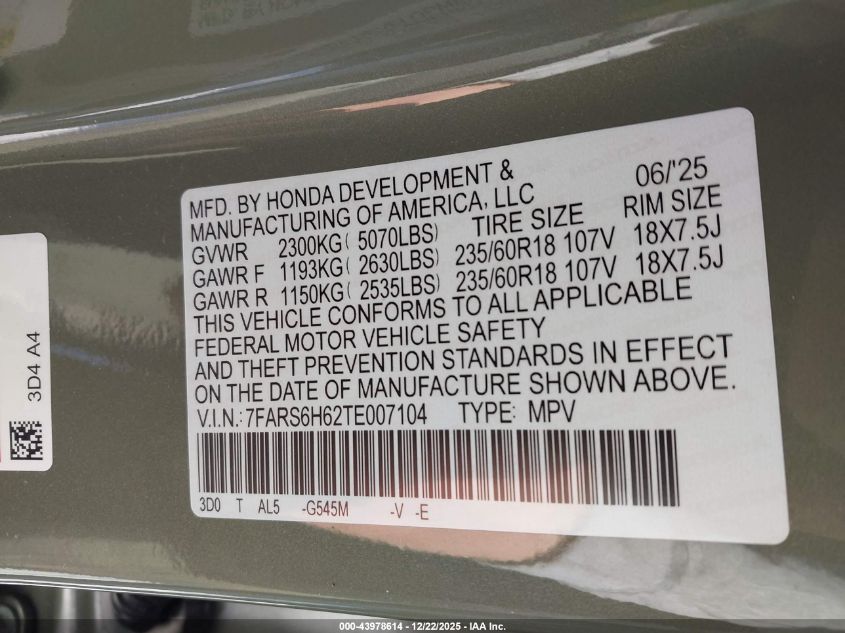 2026 Honda Cr-V Hybrid Awd Trailsport VIN: 7FARS6H62TE007104 Lot: 43978614
