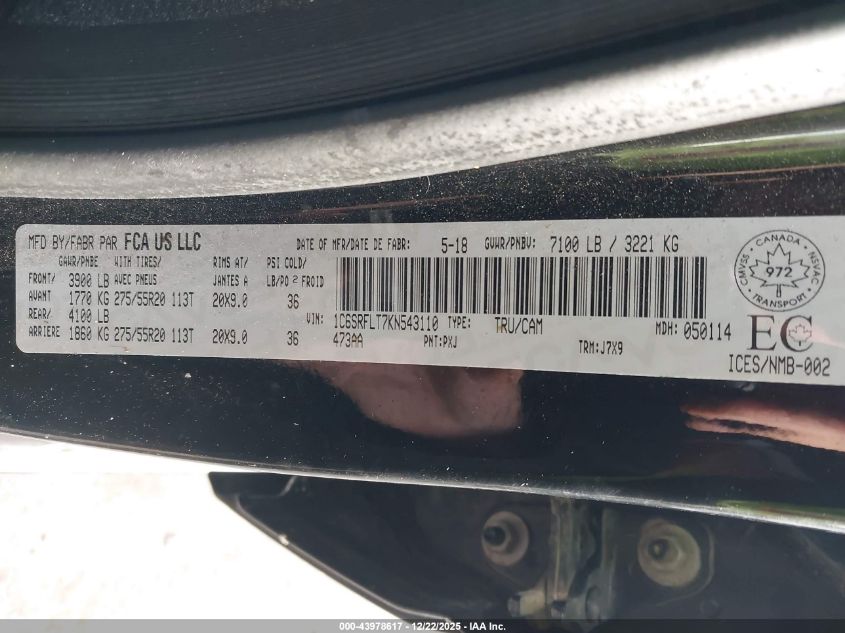 2019 Ram 1500 Rebel VIN: 1C6SRFLT7KN543110 Lot: 43978617