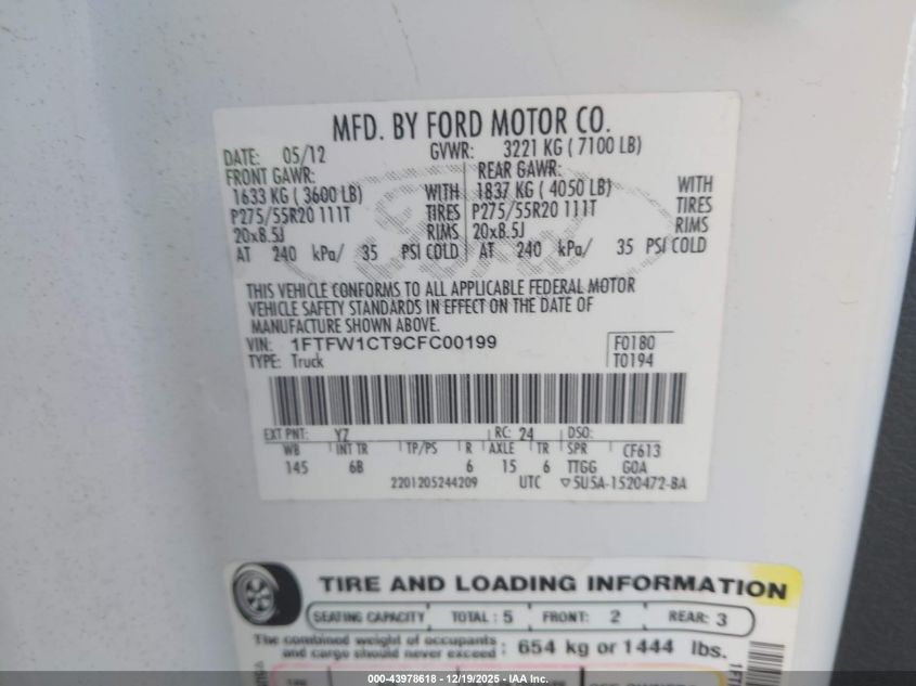 2012 Ford F-150 Fx2 VIN: 1FTFW1CT9CFC00199 Lot: 43978618