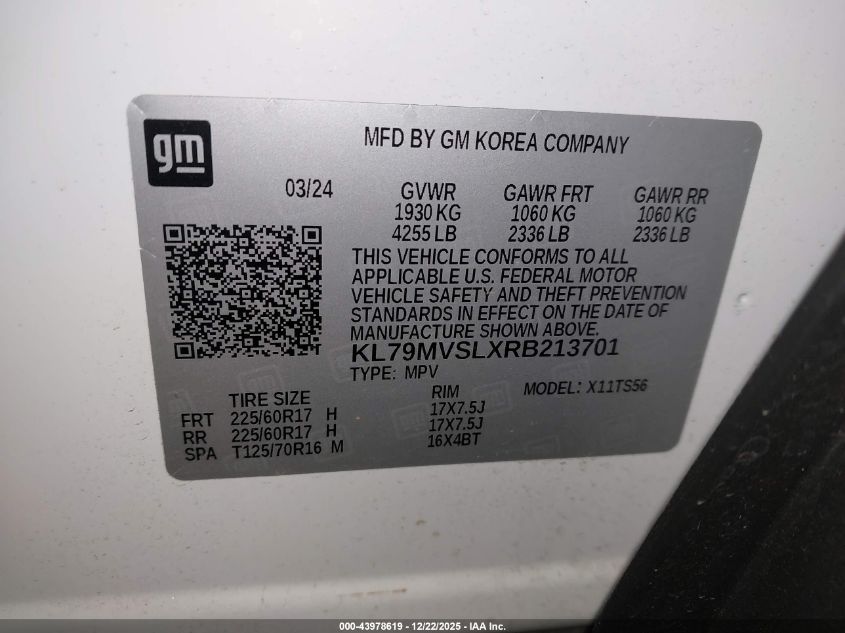 2024 Chevrolet Trailblazer Fwd Activ VIN: KL79MVSLXRB213701 Lot: 43978619