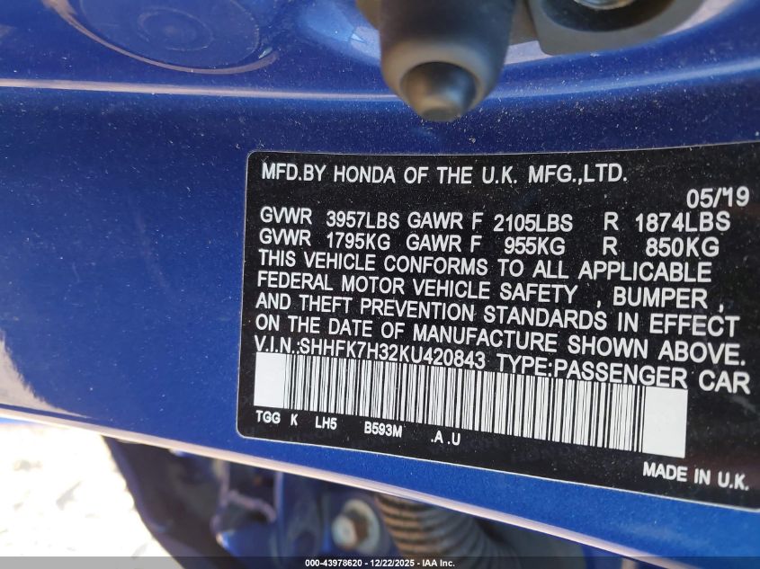 2019 Honda Civic Lx VIN: SHHFK7H32KU420843 Lot: 43978620