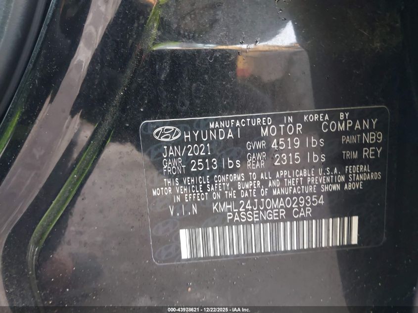2021 Hyundai Sonata Blue VIN: KMHL24JJ0MA029354 Lot: 43978621