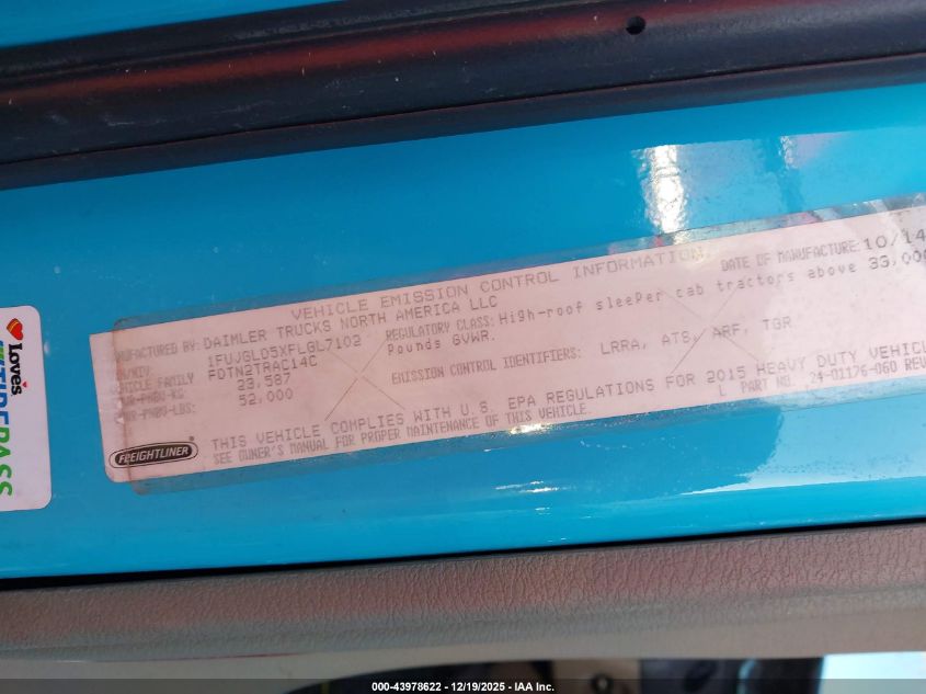 2015 Freightliner Cascadia 125 VIN: 1FUJGLD5XFLGL7102 Lot: 43978622