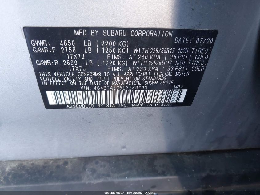 2020 Subaru Outback Premium VIN: 4S4BTAEC5L3236103 Lot: 43978627