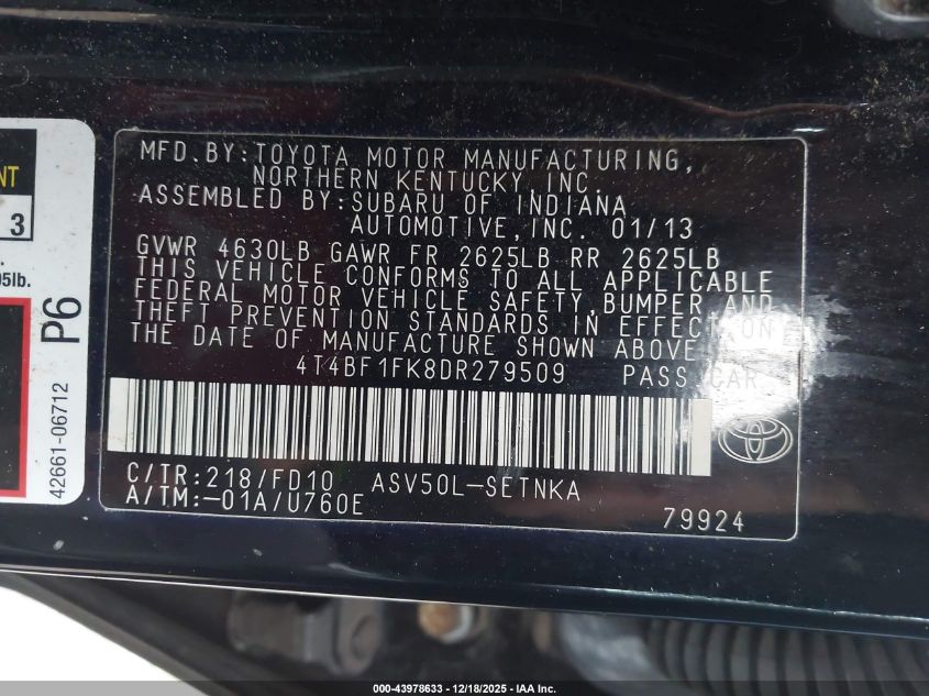 2013 Toyota Camry Le VIN: 4T4BF1FK8DR279509 Lot: 43978633