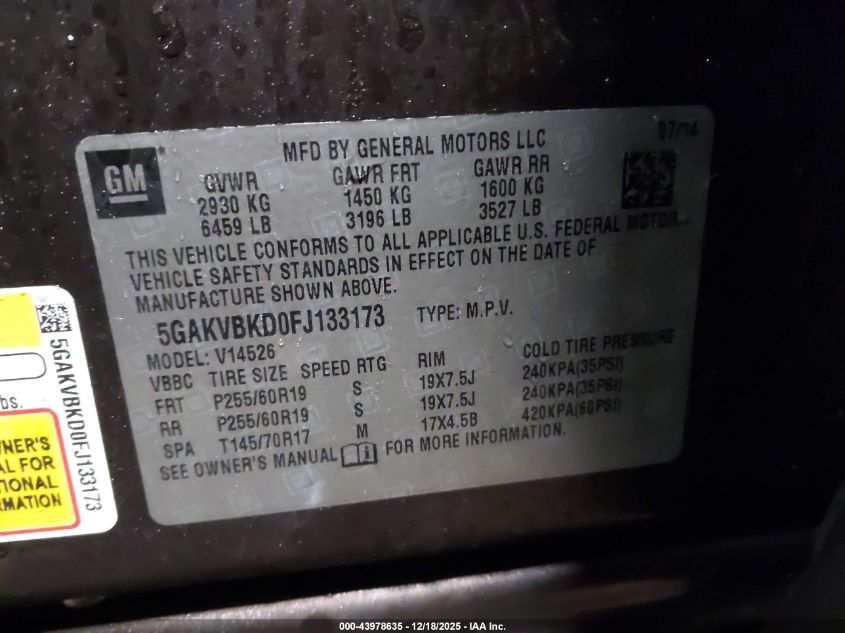 2015 Buick Enclave Leather VIN: 5GAKVBKD0FJ133173 Lot: 43978635