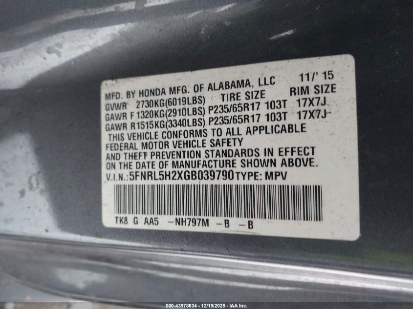 2016 Honda Odyssey Lx VIN: 5FNRL5H2XGB039790 Lot: 43978634