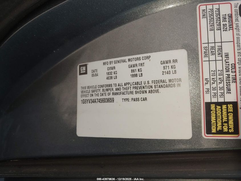 2004 Cadillac Xlr Standard VIN: 1G6YV34A745603659 Lot: 43978636