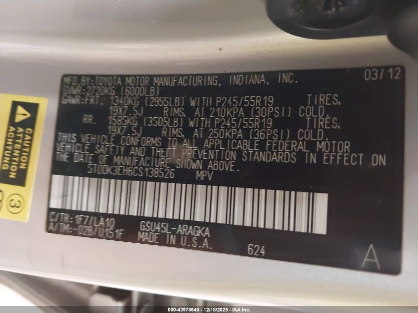 2012 Toyota Highlander Limited V6 VIN: 5TDDK3EH6CS138526 Lot: 43978640