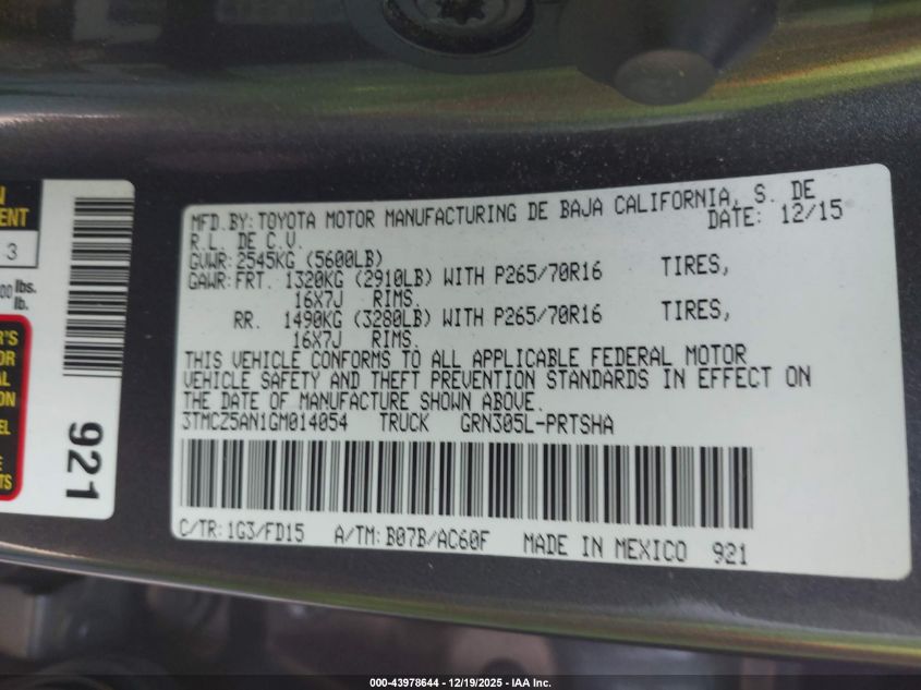 2016 Toyota Tacoma Trd Off Road VIN: 3TMCZ5AN1GM014054 Lot: 43978644