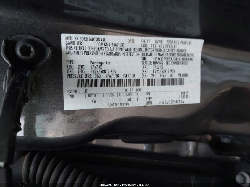 2017 Ford C-Max Energi Se VIN: 1FADP5EU3HL108540 Lot: 43978650