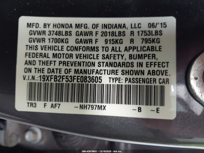 2015 Honda Civic Lx VIN: 19XFB2F53FE083605 Lot: 43978651
