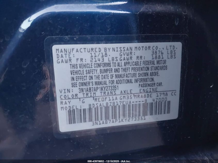 2019 Nissan Sentra S VIN: 3N1AB7AP1KY273351 Lot: 43978652