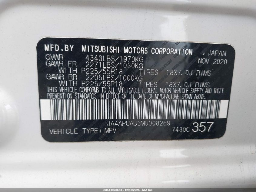 2021 Mitsubishi Outlander Sport 2.0 Be 2Wd/2.0 Es 2Wd/2.0 Le 2Wd/2.0 S 2Wd VIN: JA4APUAU3MU008269 Lot: 43978653