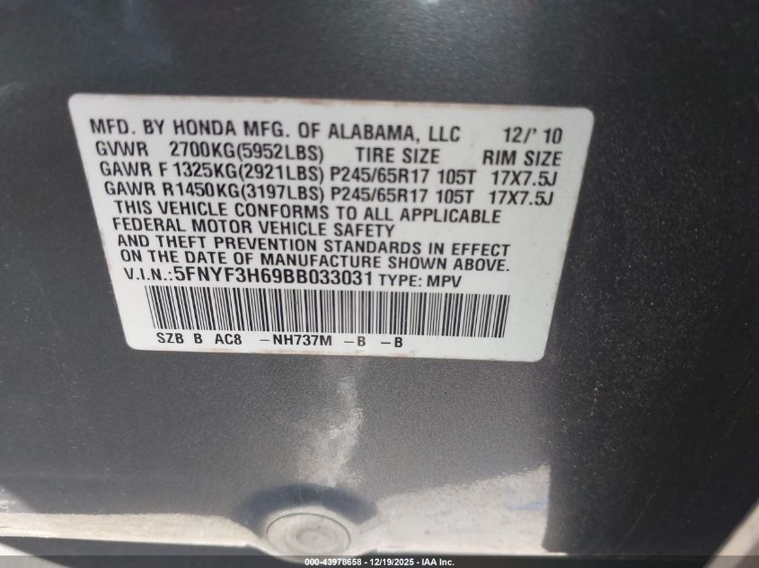 2011 Honda Pilot Ex-L VIN: 5FNYF3H69BB033031 Lot: 43978658