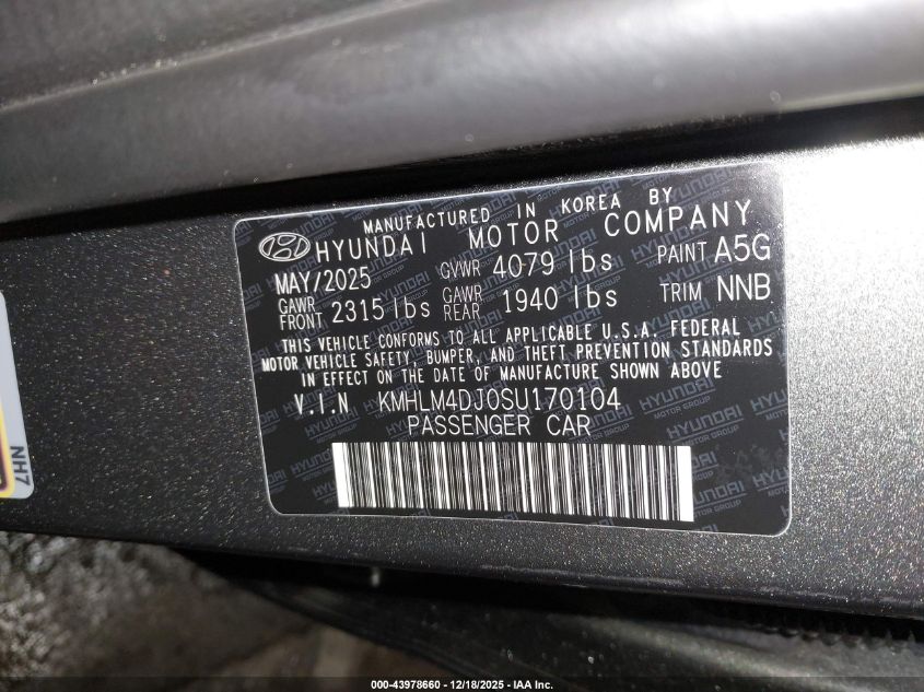 2025 Hyundai Elantra Hybrid Blue VIN: KMHLM4DJ0SU170104 Lot: 43978660