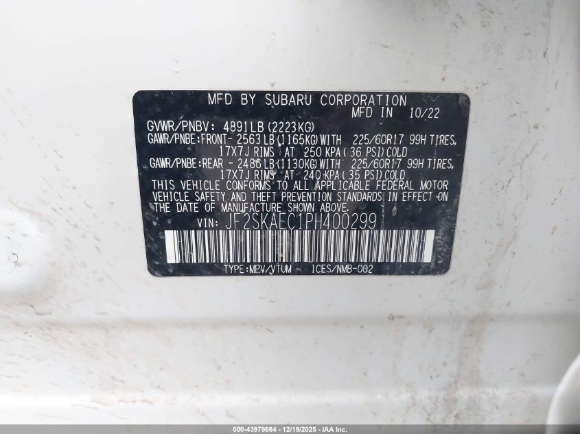 2023 Subaru Forester Premium VIN: JF2SKAEC1PH400299 Lot: 43978664
