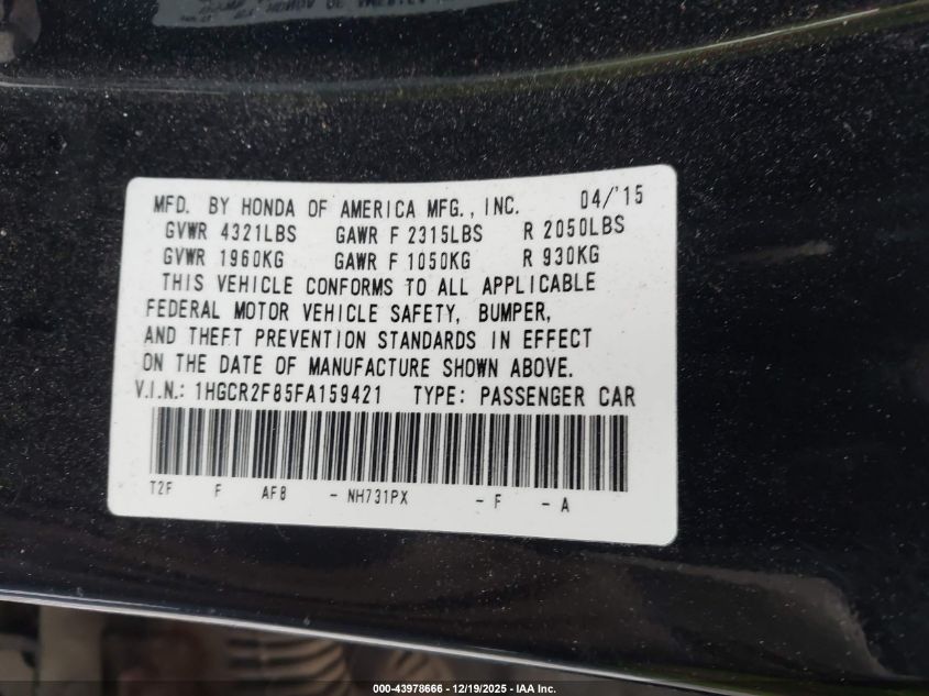 2015 Honda Accord Ex-L VIN: 1HGCR2F85FA159421 Lot: 43978666