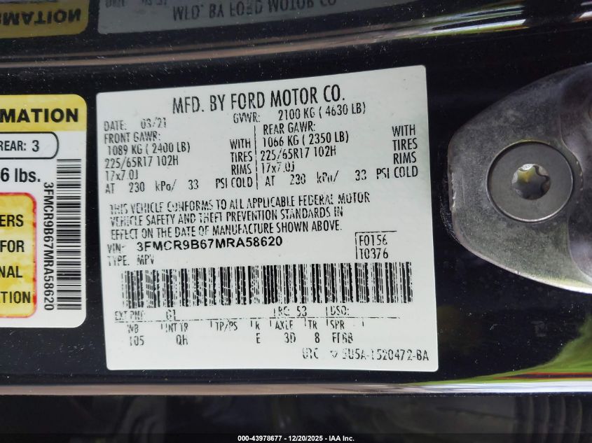 2021 Ford Bronco Sport Big Bend VIN: 3FMCR9B67MRA58620 Lot: 43978677