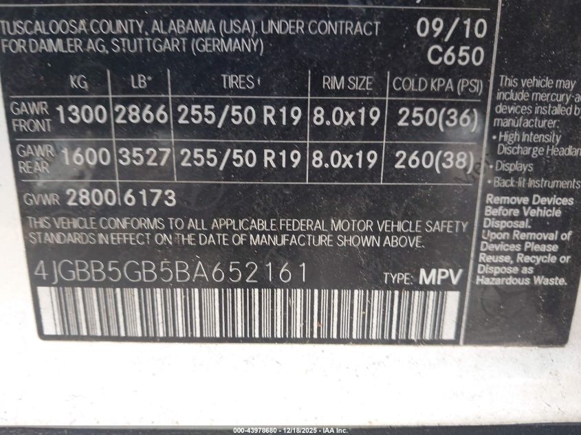 2011 Mercedes-Benz Ml 350 VIN: 4JGBB5GB5BA652161 Lot: 43978680