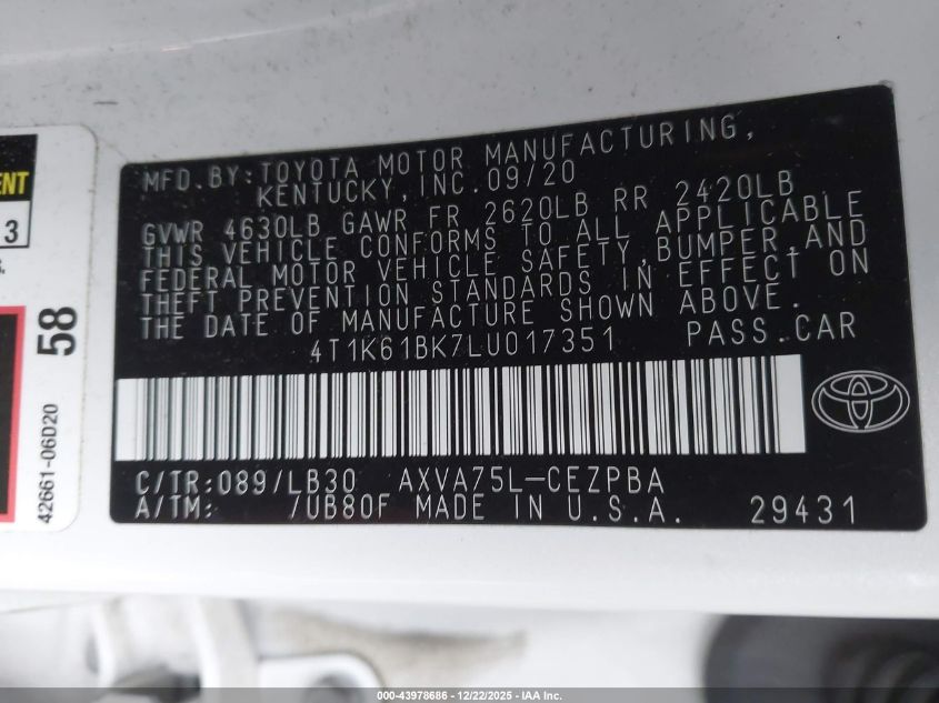 2020 Toyota Camry Xse Awd VIN: 4T1K61BK7LU017351 Lot: 43978686