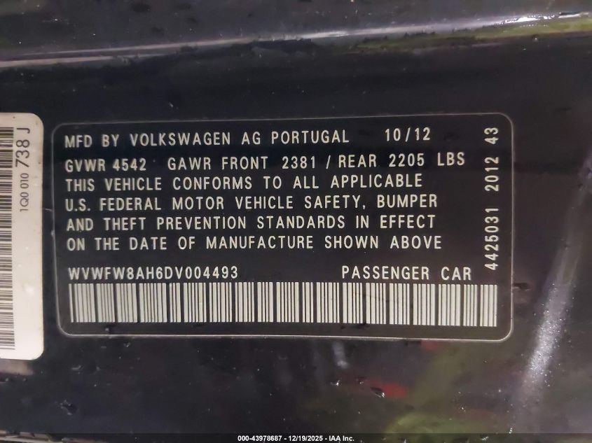 2013 Volkswagen Eos Lux VIN: WVWFW8AH6DV004493 Lot: 43978687