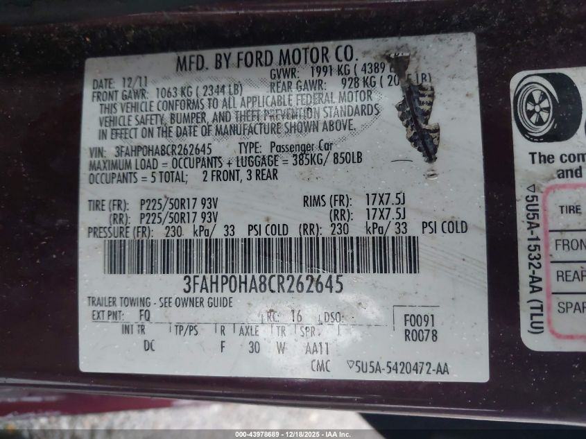 2012 Ford Fusion Se VIN: 3FAHP0HA8CR262645 Lot: 43978689