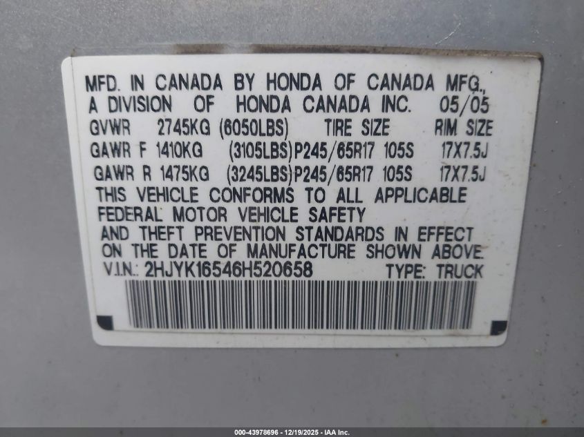 2006 Honda Ridgeline Rtl VIN: 2HJYK16546H520658 Lot: 43978696