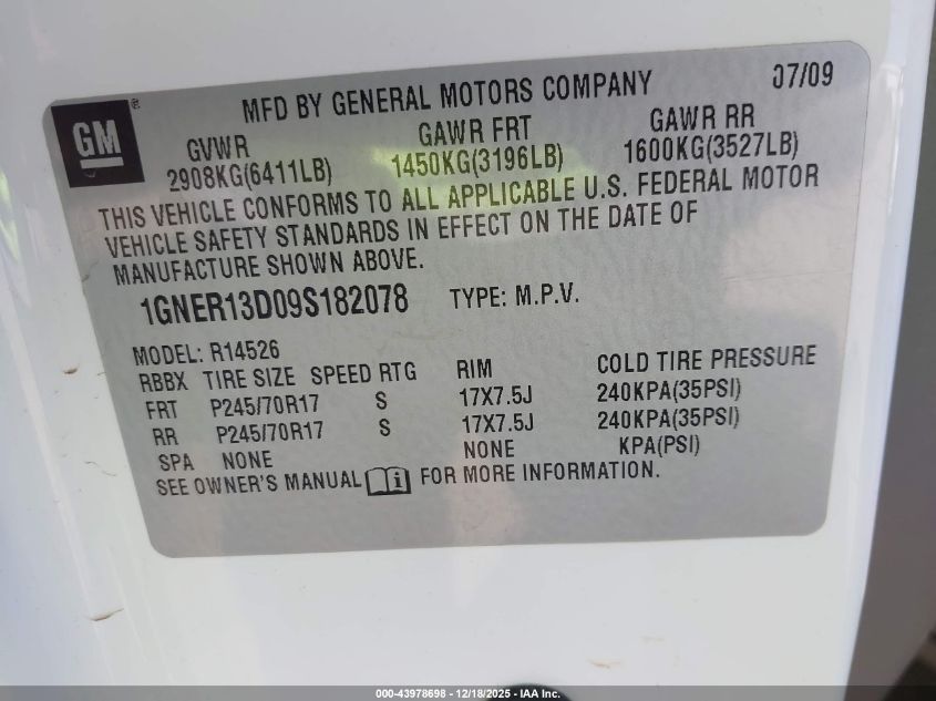 2009 Chevrolet Traverse Ls VIN: 1GNER13D09S182078 Lot: 43978698