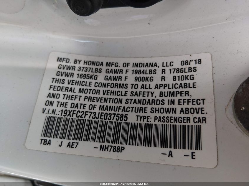 2018 Honda Civic Ex VIN: 19XFC2F73JE037585 Lot: 43978701