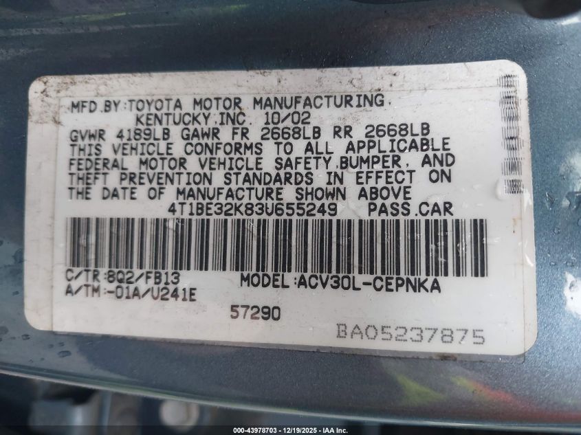 2003 Toyota Camry Le VIN: 4T1BE32K83U655249 Lot: 43978703