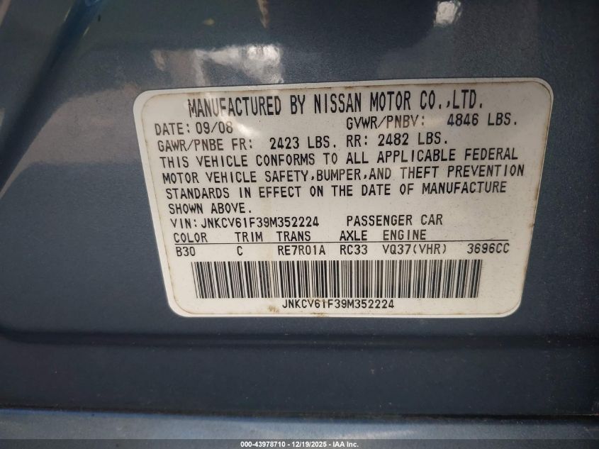 2009 Infiniti G37X VIN: JNKCV61F39M352224 Lot: 43978710