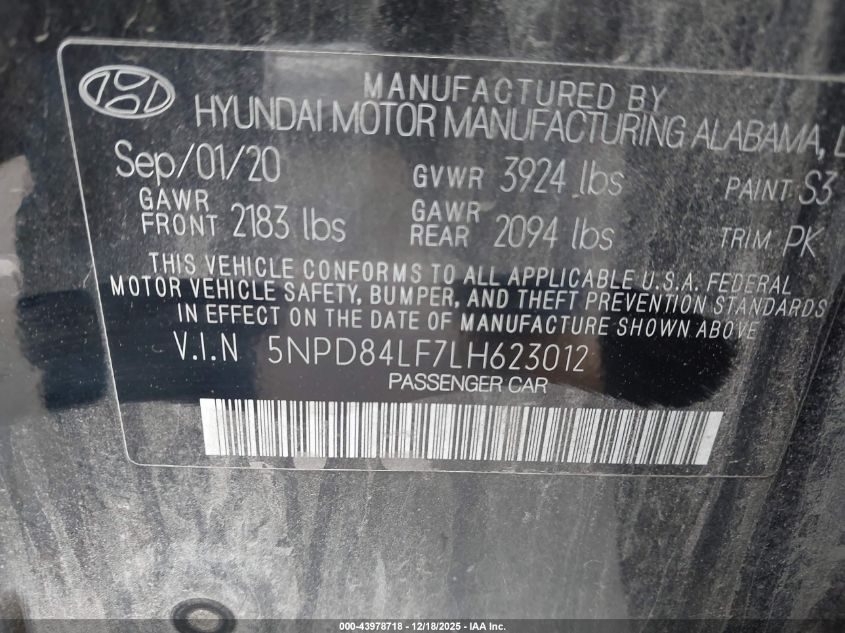 2020 Hyundai Elantra Sel VIN: 5NPD84LF7LH623012 Lot: 43978718