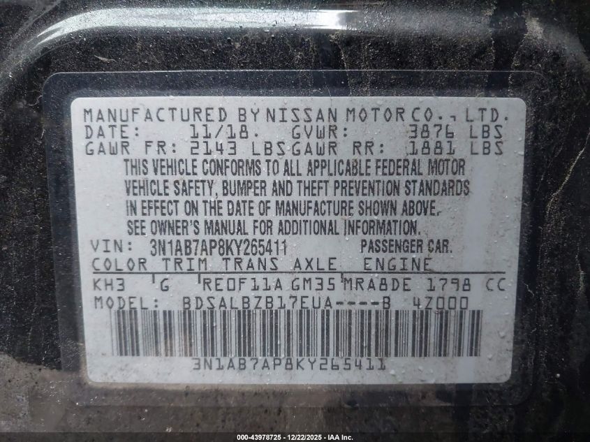 2019 Nissan Sentra VIN: 3N1AB7AP8KY265411 Lot: 43978725