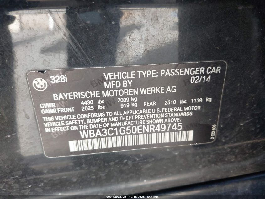 2014 BMW 328I VIN: WBA3C1G50ENR49745 Lot: 43978726