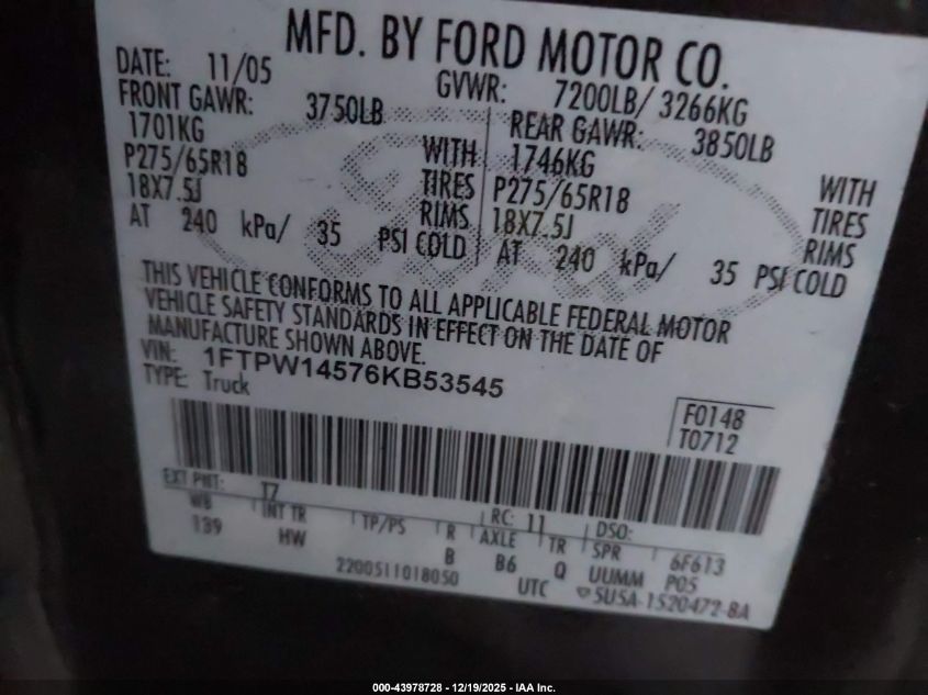 2006 Ford F-150 Fx4/Lariat/Xlt VIN: 1FTPW14576KB53545 Lot: 43978728