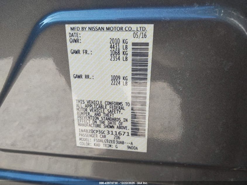 2016 Nissan Leaf Sl VIN: 1N4BZ0CP3GC311671 Lot: 43978730