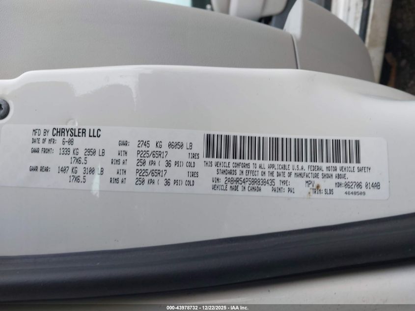 2008 Chrysler Town & Country Touring VIN: 2A8HR54P58R838435 Lot: 43978732