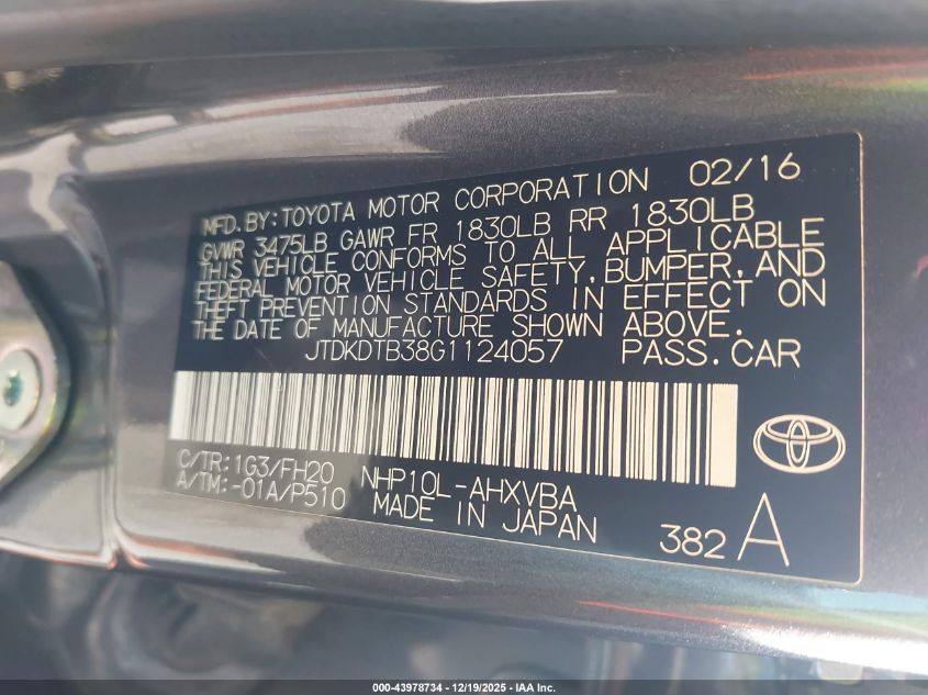 2016 Toyota Prius C One VIN: JTDKDTB38G1124057 Lot: 43978734