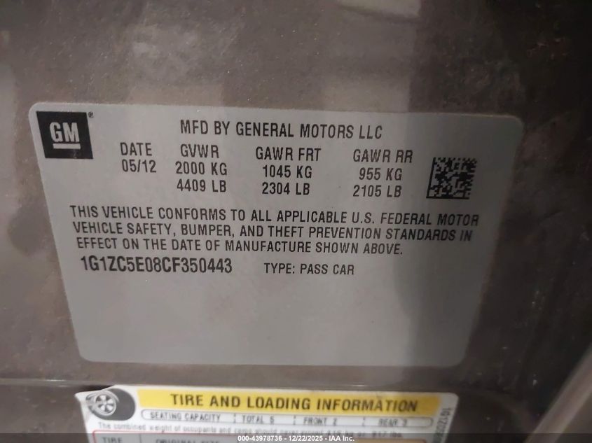 2012 Chevrolet Malibu 1Lt VIN: 1G1ZC5E08CF350443 Lot: 43978736
