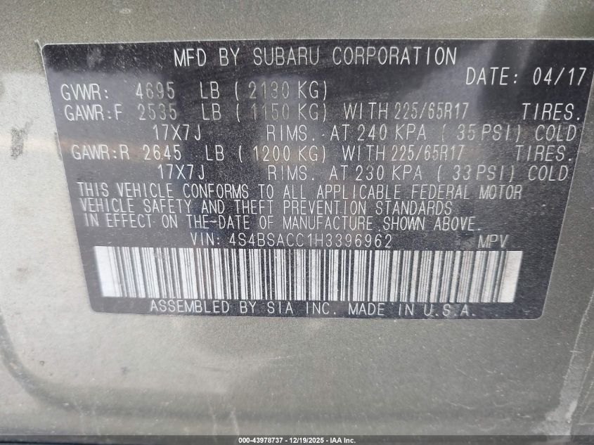 2017 Subaru Outback 2.5I Premium VIN: 4S4BSACC1H3396962 Lot: 43978737