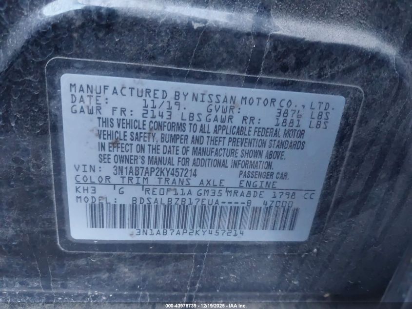 2019 Nissan Sentra S VIN: 3N1AB7AP2KY457214 Lot: 43978739